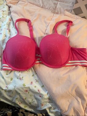 Cacique Bright Pink Padded Bra with Mint Stripe Trim